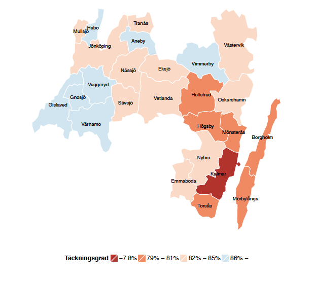 Täckningsgrad Liksom tidigare räknas täckningsgrad fram på kommun (se Figur 11 för Jönköping och Kalmar och Figur 12 för Västra Götaland och Halland)och församlingsnivå (se Tabell 9 för Västervik