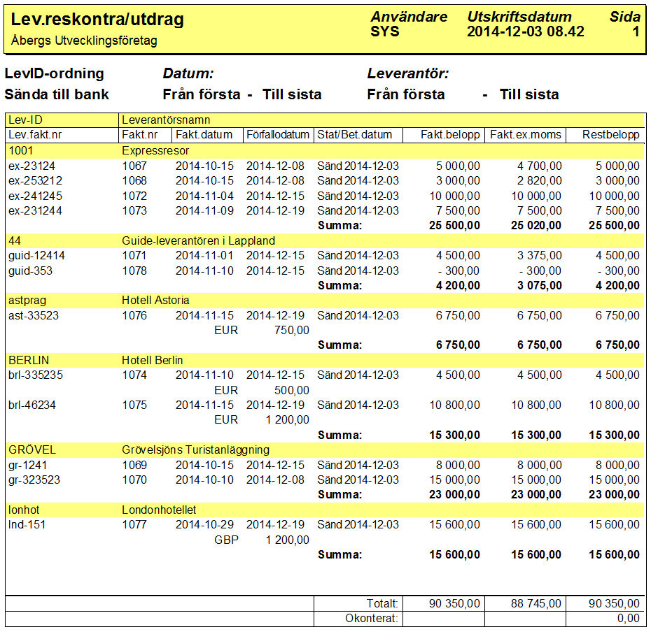 Leverantörsreskontra utskriven med val 4 (sända till bank): På listan ser man status i kolumnen Stat/Bet.datum.