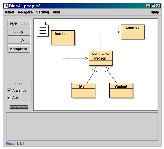 12 objekt. För att se ett sådant exempel använder vi ett annat projekt. Öppna projektet people2 som också inkluderas i standarddistributionen av BlueJ. Diagrammet för people2, visas i Figur 4.2. Som du kan se har detta andra exempel ytterligare en klass Address, förutom de klasser som visades tidigare.