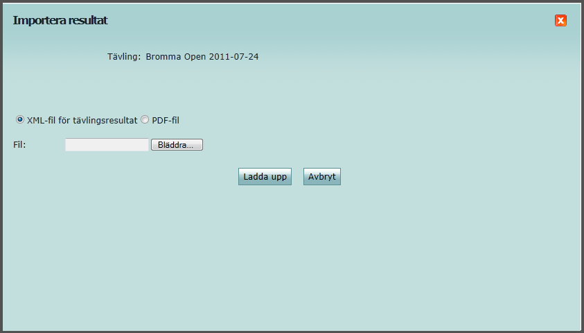 4. Välj Importera resultatfil och klicka på Fortsätt. 5. Välj XML-fil för tävlingsresultat. 6. Klicka på Bläddra och välj xml-filen som genererats av arenaprogrammet. 7. Klicka på Ladda upp. 8.