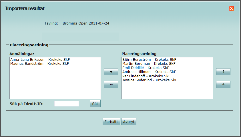 5. Välj typ av resultat, Individuell eller Lag. 6. Ange ev. valfri text i informationsfältet, t.ex. Manuellt inmatat resultat. Denna information visas i den publika resultatlistan. 7.