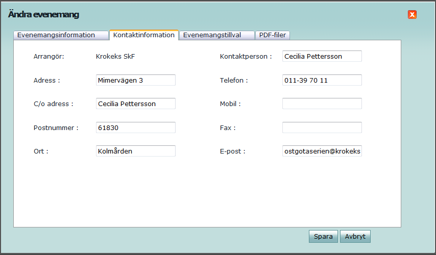 Länk till inbjudan: Webbadress (URL) till annan sida med tävlingsinformation. Oftast inte nödvändigteftersom man kan ladda upp pdf-filer direkt i systemet.