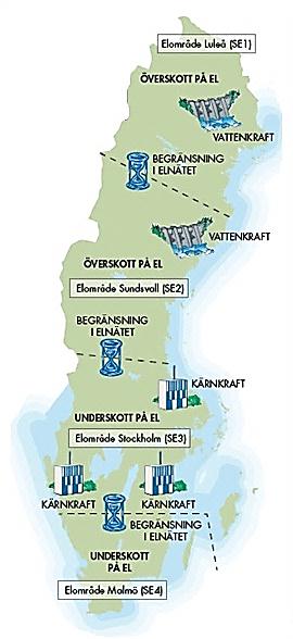 Från och med 1 november 2011 blev även Sverige indelat i fyra olika prisområden, se Figur