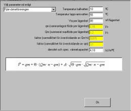 Från det värdet räknas sedan dimensionerande effekt ut. Data som styr dimensionerande effekt anges under dialogrutan Indata/Tappvarmvatten/Detaljerad indata, se figur 6.3. Här kan bl.a. temperaturer på kallvatten och varmvatten samt yta per lägenhet väljas.