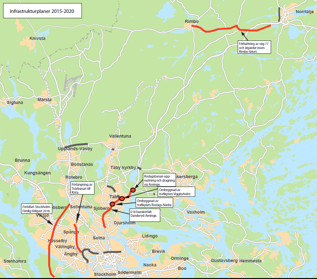 7.3.2 Planerade infrastrukturobjekt 2015-2020 2010-11-16 RTN 2008-0291 Bild: Planerade större infrastrukturprojekt i NO 2015-2020 (Källa: RUFS 2010 och Stockholm Nordost.