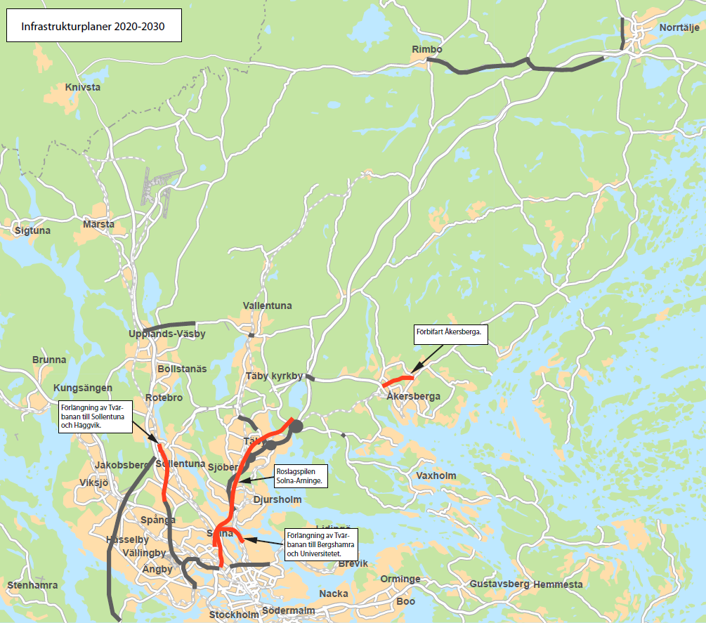 7.3.3 Planerade infrastrukturobjekt 2020-2030 2010-11-16 RTN 2008-0291 Bild: Planerade större infrastrukturprojekt i NO 2020-2030 (Källa: RUFS 2010 och Stockholm Nordost.