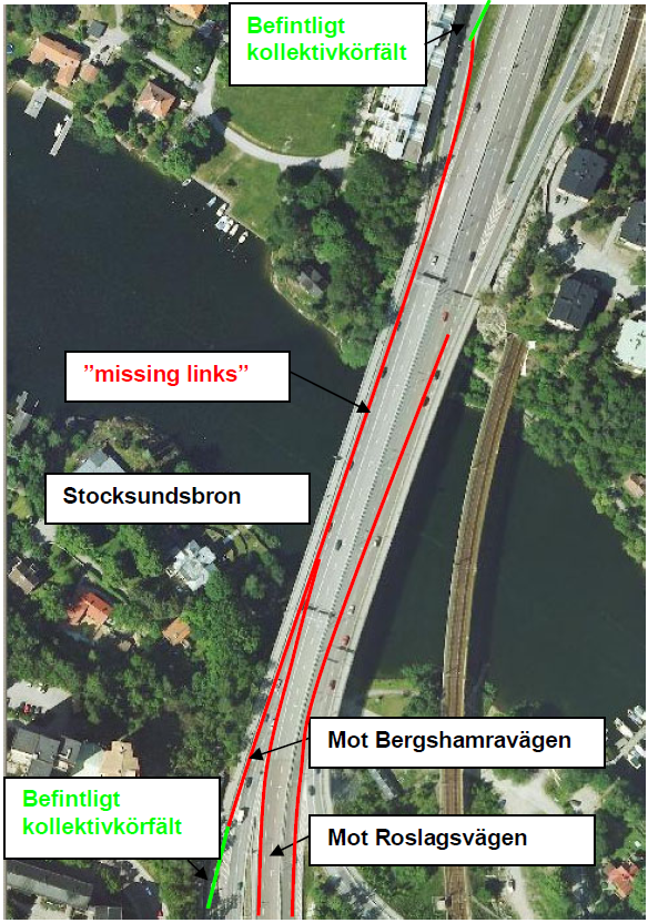 12.4.3 Stocksundsbron Efter korsningen med Invernessvägen uppstår nästa framkomlighetshinder när bilar från E18 ska väva in i högra körfältet mot Bergshamravägen.