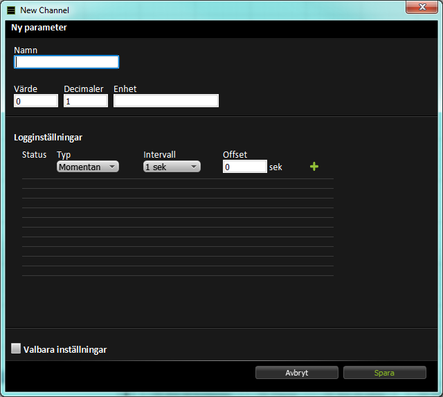 2. Namnge parametern. Fyll i värde, antal decimaler och enhet. Du kan välja om parametern ska loggas genom att lägga till en ny logg i listan med hjälp av pluset. 3.