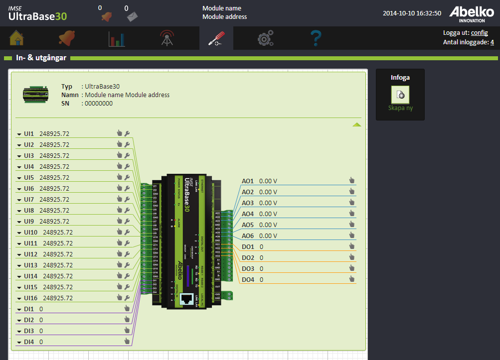 1. Om du fäller ut en modul kan du se alla ingångar och utgångar. 2. Klicka på ingångarnas och utgångarnas placeringsnamn (ex.