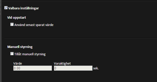 12 Manuell styrning Manuell styrning innebär att du kan manuellt kan tvinga en kanal att anta ett visst värde. Manuell styrning kan användas både på in- och utgångar och på interna kanaler.