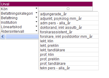 Valboxarna Valboxarna använder du för att begränsa din utsökning. Överst finns valboxarna Kalenderår och Månad.