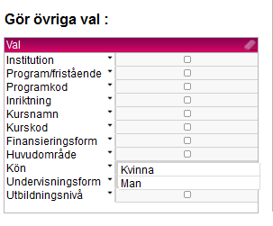 Inriktning Väljer du ett program (genom programkod ovan) som har inriktning kan du här begränsa din utsökning att omfatta en eller flera av programmets inriktningar.