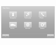 På startsidan trycker du på MENY på skärmen för att komma till huvudmenyn. Följande menyer och reglage visas: Navigation Se avsnittet "Navigation" 3 74. t Multimedia Se avsnittet "Radio" 3 45.