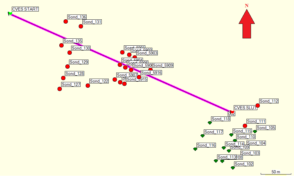 Figur 14. I figuren är CVES profilen tillsammans med samtliga sonderingar markerade. Sonderingar som har markerats med röd färg är mer relevanta för tolkningen av djupet till berg längs profilen. 3.