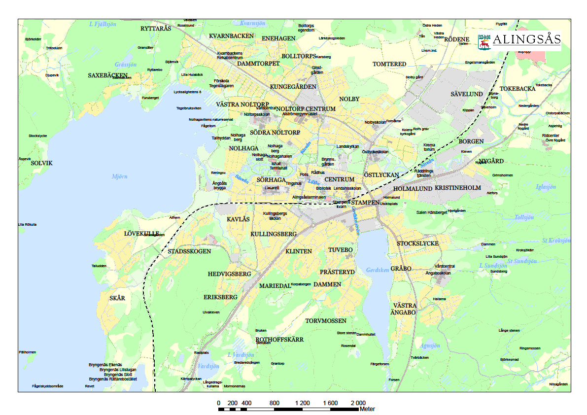 Figur 1. Översiktskarta av Alingsås med omnejd. Kraven på mätning inträder när föroreningshalterna överskrider den nedre utvärderingströskeln.