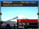 Skyddande av en fil mot radering (Bildskydd) Atgärder [p] (uppspelning) * [MENU] * Fliken PLAY * Bildskydd På Alla filer: På Valda filer skyddas.