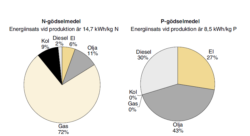 Tillverkning av mineralgödsel Vid tillverkning av N- och P-gödsel krävs en energiinsats från olika energikällor, vars fördelning visas i Figur 1 nedan 34.