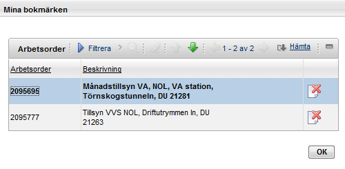 Klickar man på Bokmärken i listen ovanför resultatlistan öppnas en ruta med de bokmärken man lagt till i denna applikation.