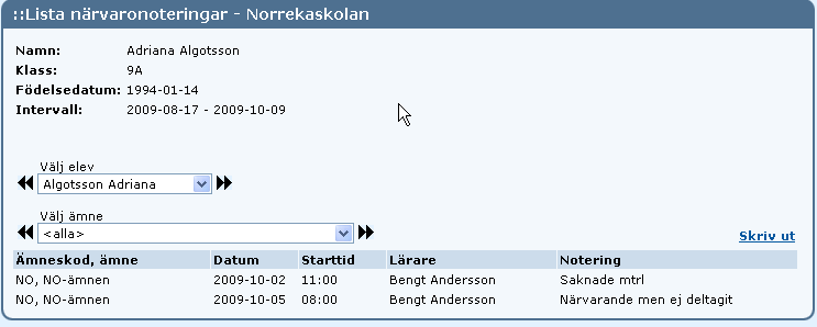 Sammanställning över Närvaronoteringar Klassföreståndare/Mentor, undervisande lärare, förälder och elev kan via menypunkten Närvaronoteringar få en samlad bild över de