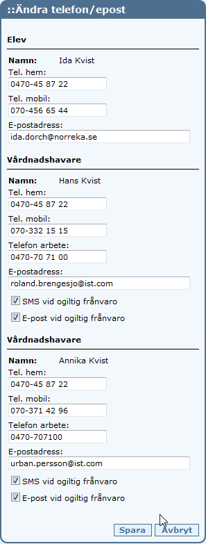 Notifiering vid anmäld frånvaro och ogiltig frånvaro Ett meddelande kan automatiskt skickas till vårdnadshavare vid anmäld frånvaro registrerad via talsvar och vid ogiltig frånvaro på kvitterad