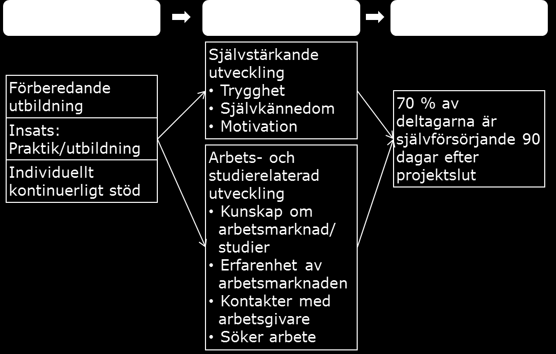 Figur 1. Förenklad förändringsteori för Merits verksamhet mot deltagare Förändringsteorin visar att Merit har tre huvudsakliga aktiviteter: 1. Förberedande utbildning innan insatsen 2.