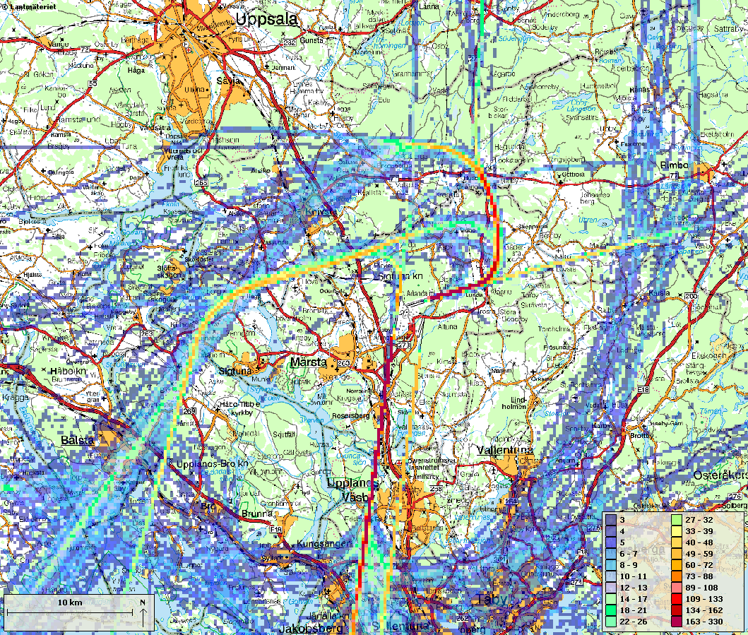 RAPPORT 2014-03-31 01.00 D 2014-001771 15(92) 9.1.2.1 Nordostliga vindar I Figur 4 visas en flygtäthetsbild under en dag med huvudsakligen nordostliga vindar år 2013.