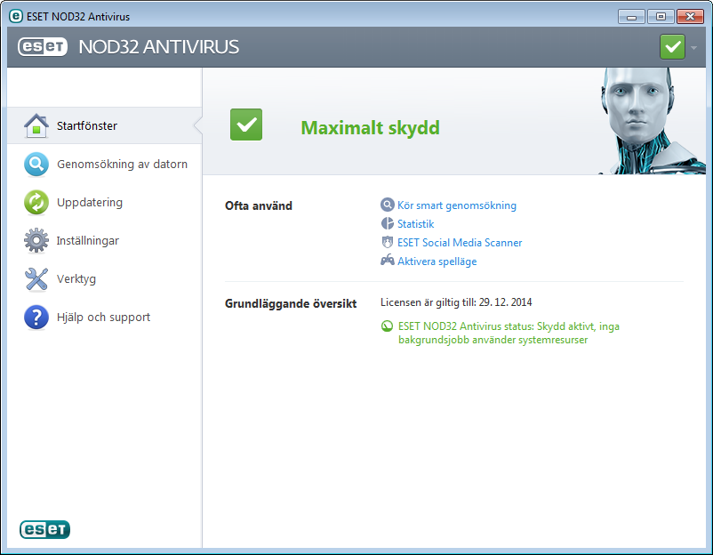 Starta ESET NOD32 Antivirus ESET NOD32 Antivirus börjar skydda datorn direkt efter installationen. Du behöver inte öppna programmet för att starta det.