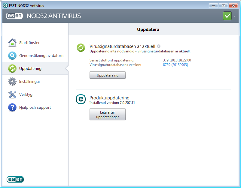 Uppdatering ESET NOD32 Antivirus levereras med en fördefinierad uppgift för att säkerställa regelbundna uppdateringar (se avsnittet Schemaläggare i produkthandboken).