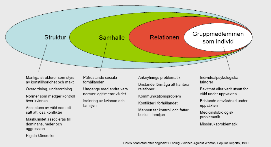 Förklaringsmodell våld - faktorer som ökar risken för våld i nära relationer Grupptillhörighet Individen Ansvarsbefriat förhållningssätt/ våldsursäktande