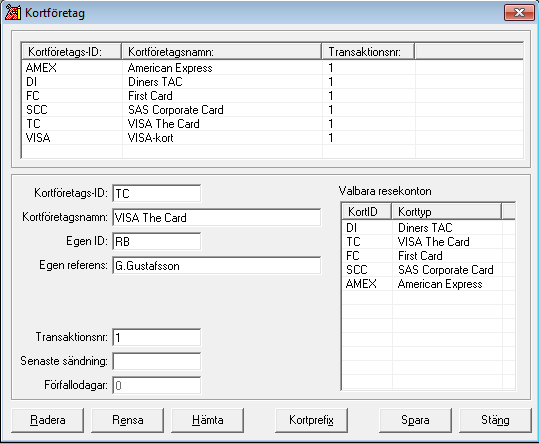 Inställningar som måste göras för att få VISA The Card resekonto att fungera Grund: Inställningar/Kortföretag Lägg upp ett kortföretag som heter TC (VISA The Card).