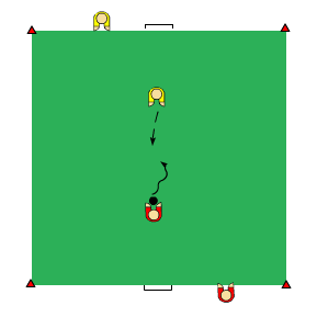 Spel Finta/dribbla Syfte: Finta/dribbla, göra mål Organisation: 4 spelare/ 1 boll Yta: 12 x 12 m 2 små mål Anvisning: Spel 1 mot 1 där varje lag har varsin avbytare.