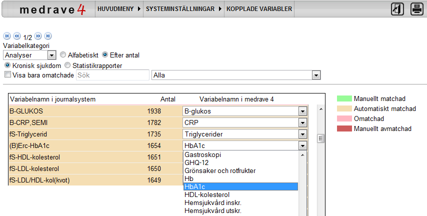 I analysgruppen finns möjligheter att hitta både sökord och analyser till kroniska rapporter, och konventionella labanalyser. Därför dyker det upp en valmöjlighet, vilken matchning ska du göra nu?