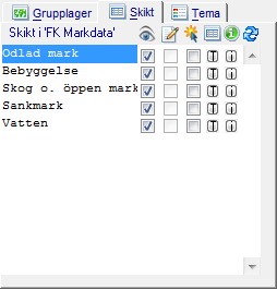 Fliken Skikt På denna flik visas de skikt som hör till den arbetsyta som är markerad på fliken Arbetsyta. Högst upp på skiktfliken står namnet på den arbetsyta som skiktet tillhör.