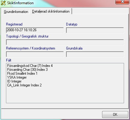 Fliken Detaljerad information Registrerad Datum då skiktet registrerades i MetaDataBasen. Datatyp Valfri text som beskriver skiktets datatyp, exempel Vektor eller Raster.