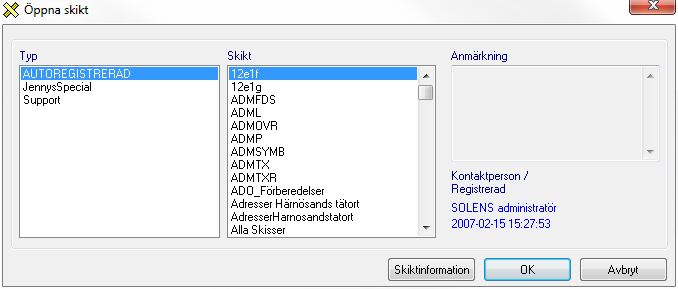 Öppna skikt Menyvalet Arkiv>Öppna skikt... öppnar formuläret Öppna skikt. Där går det att öppna andra skikt som är registrerade i MetaDataBasen.