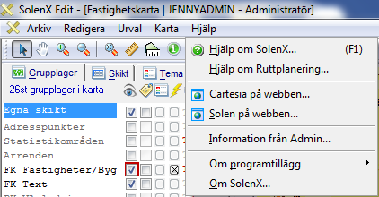 Hjälp Menyn Hjälp ser likadan ut i SolenX och SolenX Edit. Hjälp om SolenX Cartesia på webben Solen på webben Information från Admin Om programtillägg Om SolenX Öppnar SolenX:s Online-hjälp.