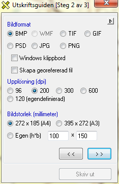 12.2 UTSKRIFT TILL BILDFIL UTSKRIFTSGUIDEN STEG 2 Bildformat Här styrs vilket filformat som bildfilen ska lagras i. Ett flertal olika rasterformat är tillgängliga samt vektorformatet WMF.