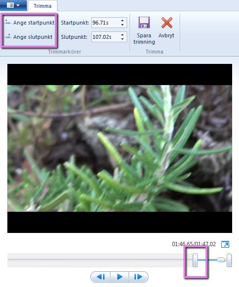 Du kan då spela filmklippet i Preview fönstret och stoppa uppspelning där du vill ange Startpunkt och Slutpunkt, se bild nästa sida: Glöm inte att Spara!