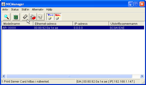 STÄLLA IN MASKINENS IP-ADRESS 8 Klicka på "NICManager" Starta om maskinen. Stäng av maskinen och sätt sedan på den igen.