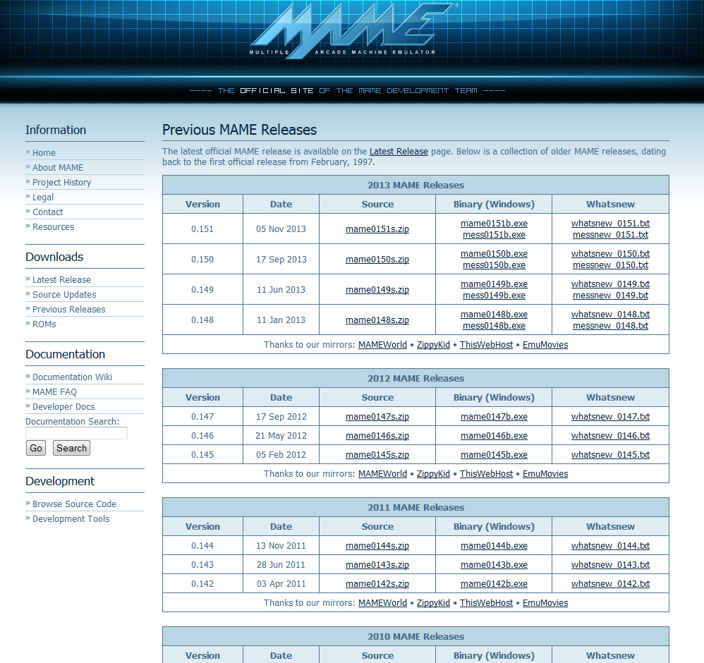Gå tillbaka till www.mamedev.org och klicka på Previous Releases i vänstermenyn.