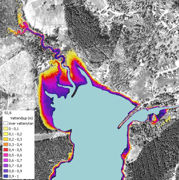 4.3.2 Uppströms Dejeforsen Redan vid en ökning av vattennivån med 0,2 m (motsvarar ortofoto-nivån) översvämmas stora ytor vid Sjöbottnen och vid ytterligare 0,2 m höjning även i de gamla lämningarna