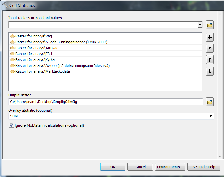 5. När alla datamängder är exporterade till raster ska de slås samman, bilden nedan visar de 7 raster som skapades för analysen 2013 Använd verktyget Cell Statistics Figur 5: Inställningar för "Cell