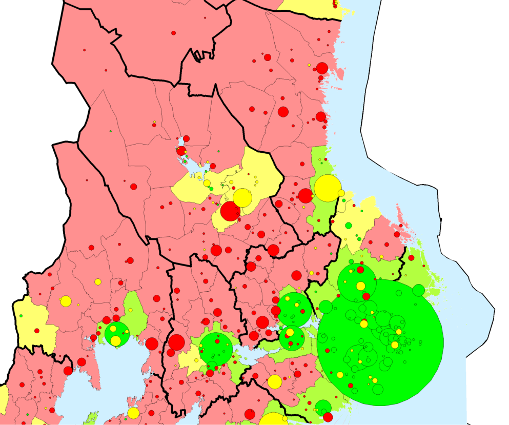 Tätortsbefolkning 2005 1 000 000 500 000 100 000 Befolkningsutveckling Per kommun 95-08 samt tätort 95-05 Grönt = växande kommun/tätort Gult = stabil kommun/tätort Rött = krympande kommun/tätort