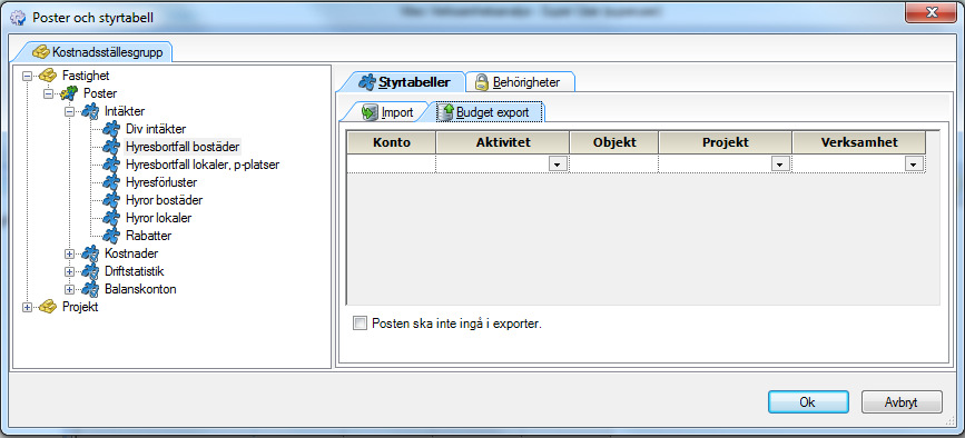 I styrtabellen för budgetexport ska alla angivna kontodelar skrivas ut.