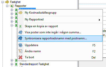 6.2.6 Synkronisera rapportradsnamn med postnamn Om man behöver ändra namnet på en post räcker det om man gör det i dialogrutan Poster och Styrtabell.