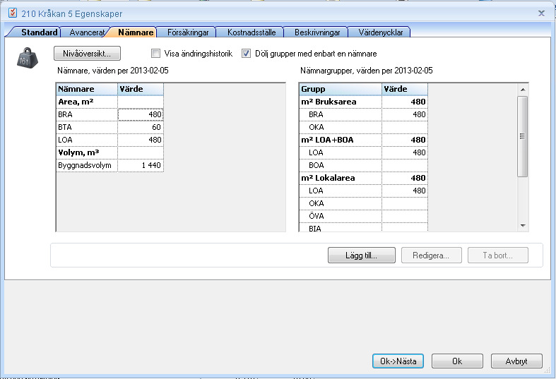 7.6 Redigera areor och andra nämnare Högerklicka på det kostnadsställe vars area ska redigeras och välj Egenskaper. Klicka på fliken Nämnare i dialogrutan som visas. Värdena visas i två tabeller.