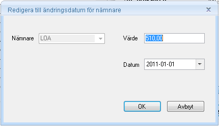 I den högra tabellen visas ändringshistoriken på nämnargruppsnivå., 14-09-16 7.6.2 Lägg till nytt ändringsdatum och värde Tryck på knappen Lägg till för att ange nytt datum och nämnarvärde.