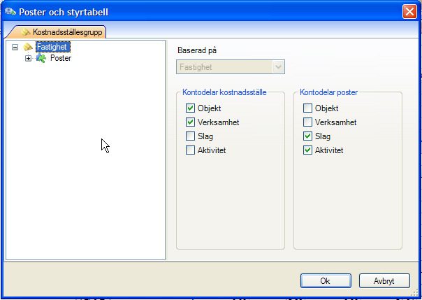 För varje kostnadsställegrupp anger man vilka kontodelar som används för att identifiera kostnadsstället och vilka som används för att styra till posterna i