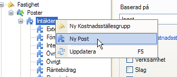 Den nya kostnadsställesgruppen lägger sig sedan som en nod i trädet. Namnge och välj vilken entitet den ska baseras på. Kostnadsställena lagras i en egen tabell i databasen.