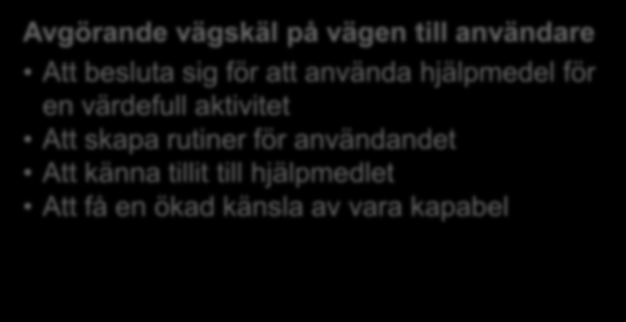 Att bli användare av kognitiva hjälpmedel i vardagen och vad det betydde för personer med Alzheimers sjukdom i tidig fas (Lindqvist, Nygård & Borell, 2013) Avgörande vägskäl på vägen till användare